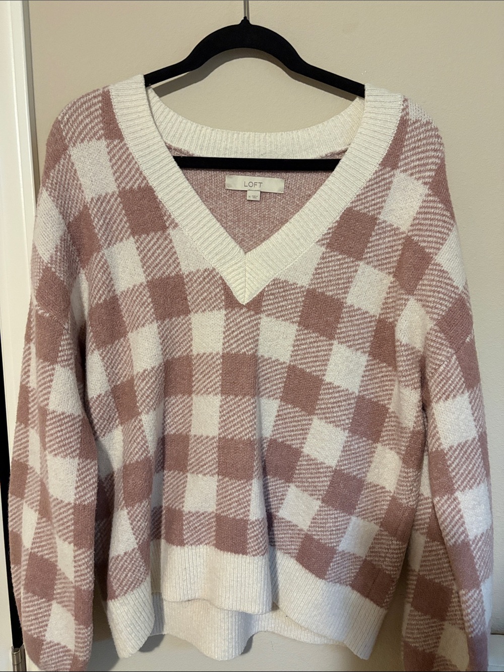 LOFT Mauve and White Plaid V-Neck Sweater